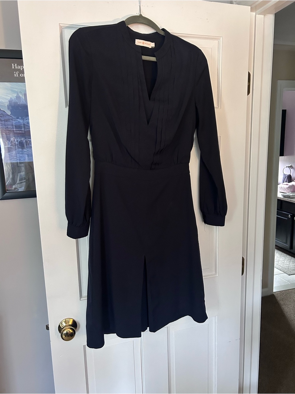 Tory Burch Long-Sleeve Navy Pleated V-Neck Dress